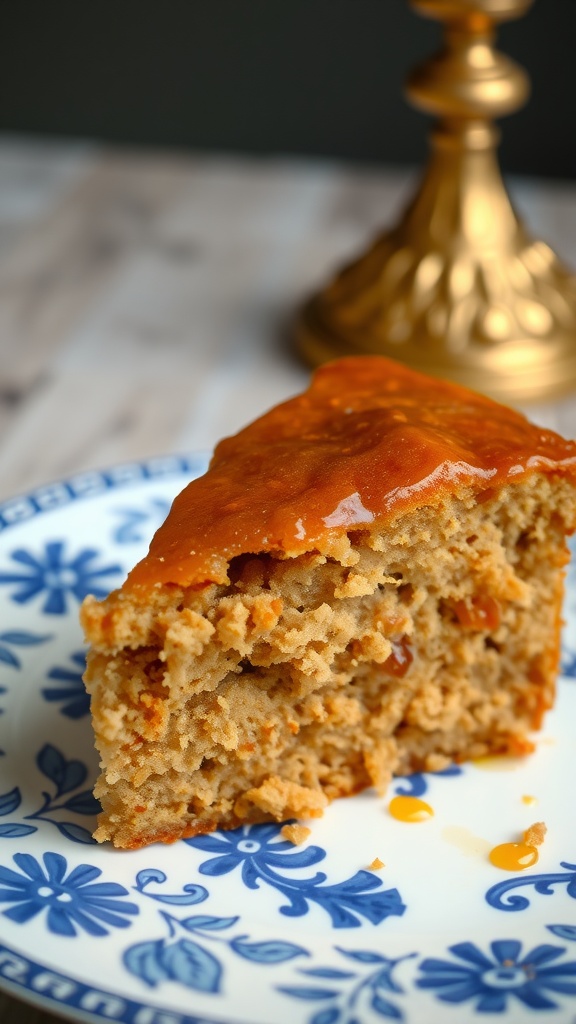 Slice of moist Amish Applesauce Cake on a patterned plate, showcasing its rich crust and glossy topping.